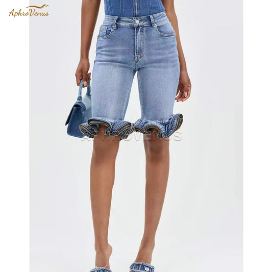 Wave Ruffle Hem Slim Denim Shorts Women Casual High Waist Slim Fit Ruffled Denim Shorts Fashion Slimming Streetwear