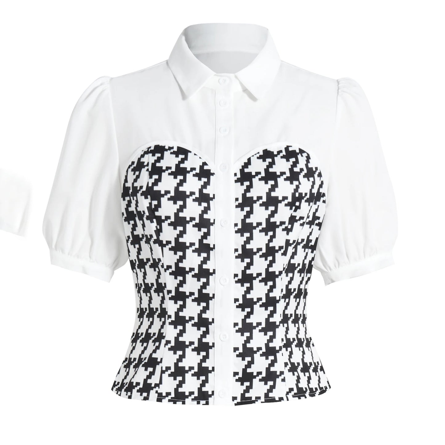 Women's Blouse Spring Summer Black White Tops Houndstooth Patchwork Collar Puff Sleeve Valentine's Day Elegant Casual Daily Top