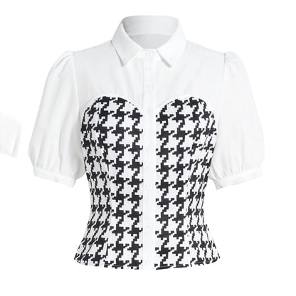 Women's Blouse Spring Summer Black White Tops Houndstooth Patchwork Collar Puff Sleeve Valentine's Day Elegant Casual Daily Top