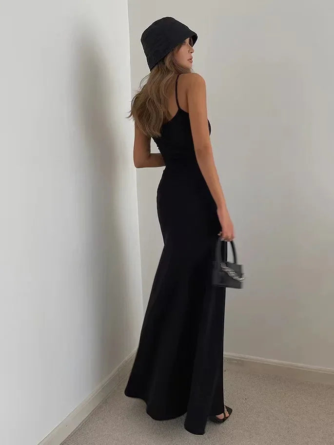 Summer Backless Dress - Slim Waisted Spaghetti Strap Mid-Calf Length Casual Outfit
