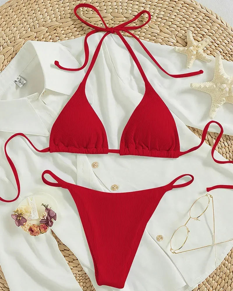 Sexy Women Thong Solid Color Bikini Set Side Halter Tie Swimsuit Ladies Split Strap Adjustable Brazilian Swimwear Beachwear