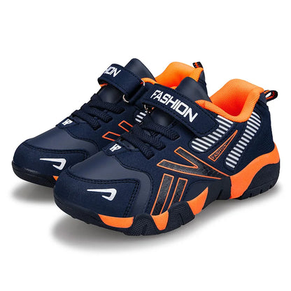 Boys Leather Sneakers - Kids Running Shoes With Rubber Outsole & Hook And Loop Closure