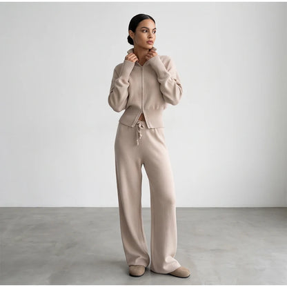 Solid Color Zipper Waist Cinching Casual Set Knitted Top Drawstring Straight Leg Pants 2-piece Sets 2026 Autumn Lady Daily Wear