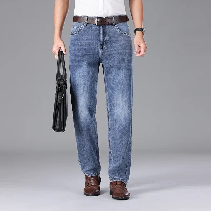 2026 Summer High Quality Brand Cloth Business Casual Men's Lightweight Straight Loose Jeans Classic Retro thin cotton trousers