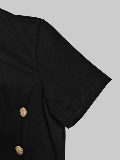 Black Maxi Dress - Women's Summer Party Dress With Gold Button & Asymmetrical Hem