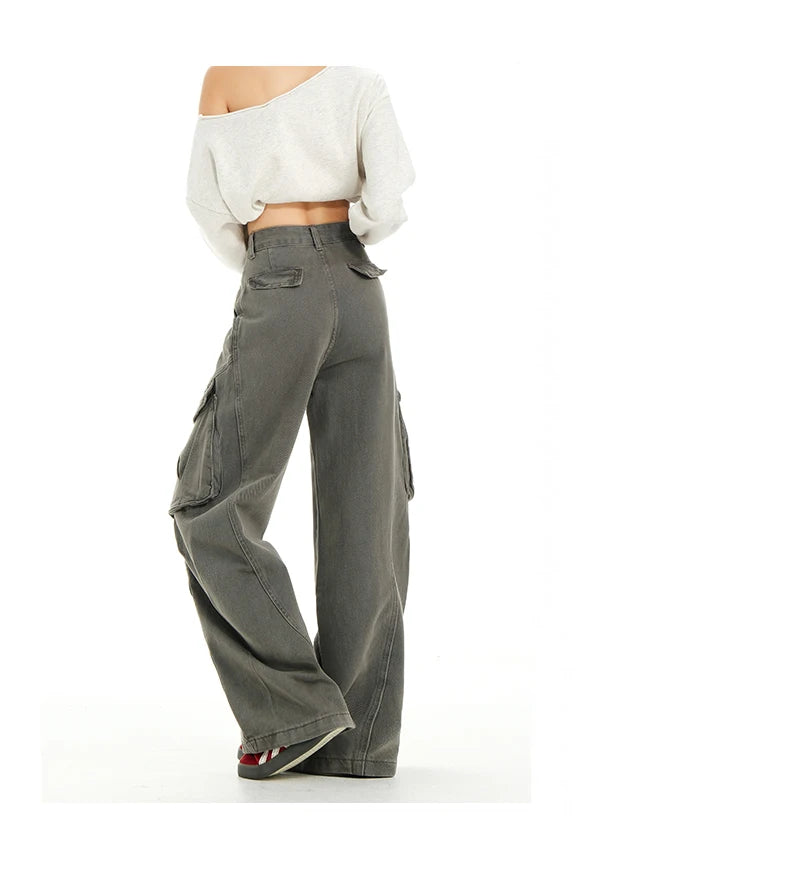 Retro Casual High Waisted Baggy Cargo Jeans Women Washed Distressed Wide Leg Pants Brown Denim Y2K Streetwear Vintage Trousers