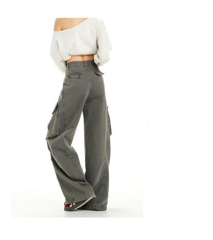 Retro Casual High Waisted Baggy Cargo Jeans Women Washed Distressed Wide Leg Pants Brown Denim Y2K Streetwear Vintage Trousers