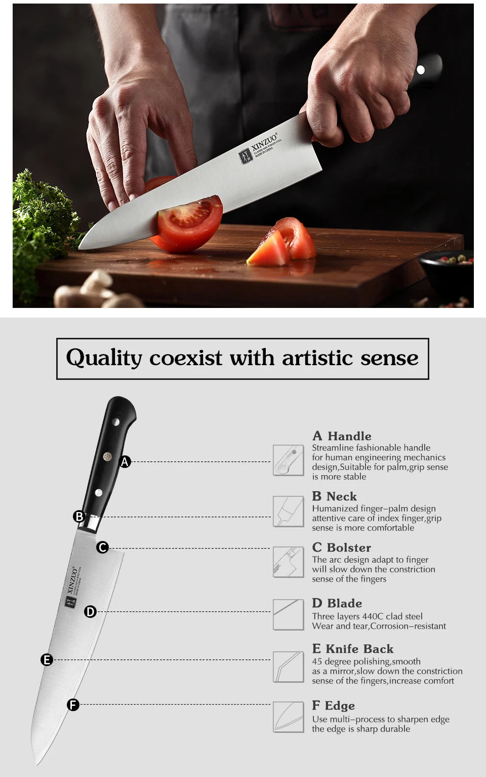 XINZUO 210mm Chef Knife - 3 Layer 440C Core Clad Steel Gyutou with G10 Handle