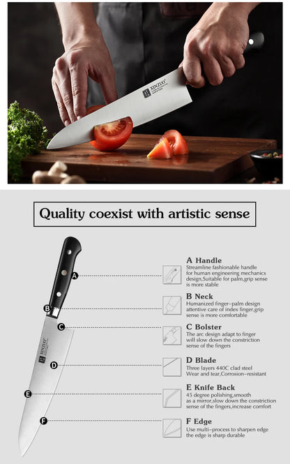 XINZUO 210mm Chef Knife - 3 Layer 440C Core Clad Steel Gyutou with G10 Handle