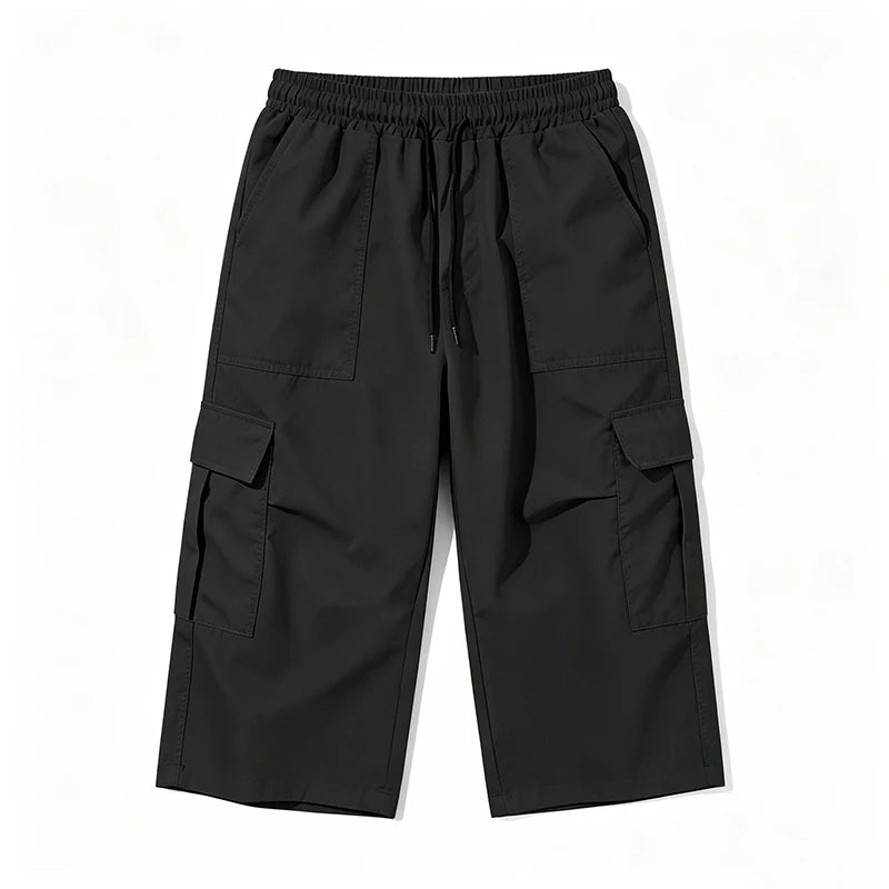 2026 New Men Multi Pocket Cargo Capri Shorts Loose Fit Daily Street Travel Outdoor Casual Drawstring Waist Cropped Short Pants