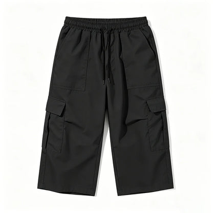 2026 New Men Multi Pocket Cargo Capri Shorts Loose Fit Daily Street Travel Outdoor Casual Drawstring Waist Cropped Short Pants