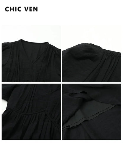 Vintage Puff Sleeve Dress - French Style Black Ankle Length Women Summer Casual Wear