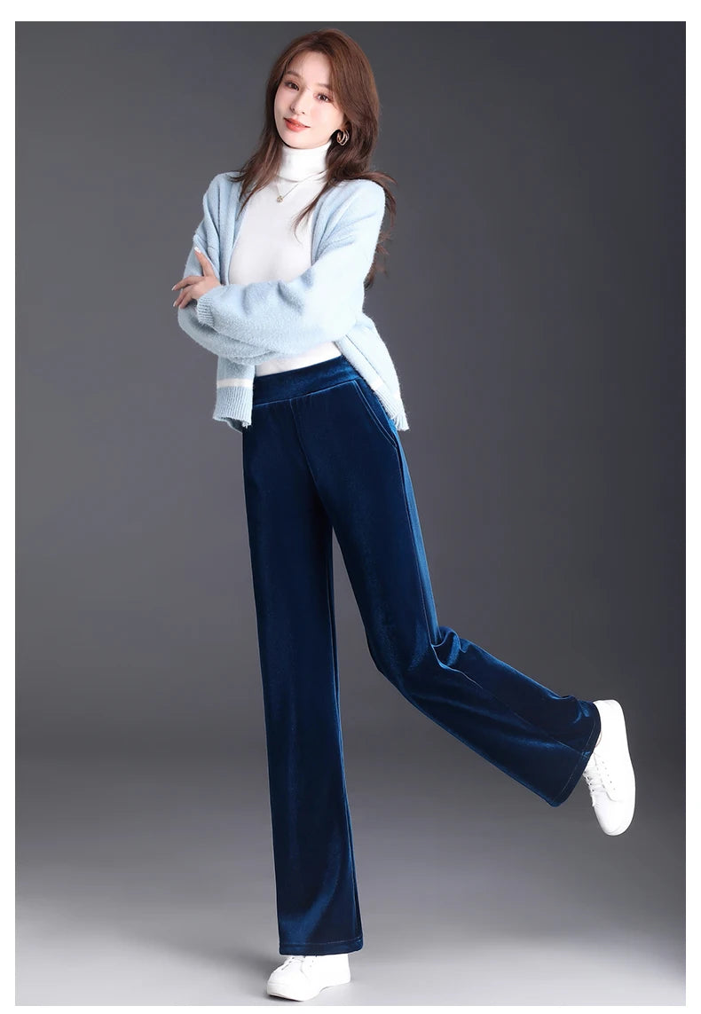 Korean style blue velvet wide leg pants for women in spring and autumn, high-end fashion, loose fit, plus size casual pants