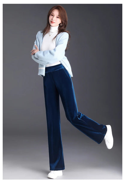 Korean style blue velvet wide leg pants for women in spring and autumn, high-end fashion, loose fit, plus size casual pants