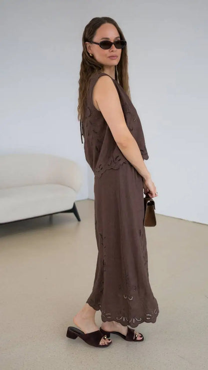 FSLE【Premium Series】Summer Women Linen Two Piece Set Cut-Out Embroidered Sleeveless Top Midi Skirt Boho Beach Vacation Style