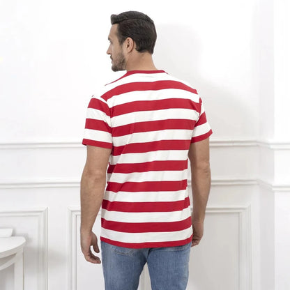 Red and White Striped Shirt Mens Halloween Chritmas Read Across America Day Top Adult Summer Casual Daily Novelty Fashion Tee
