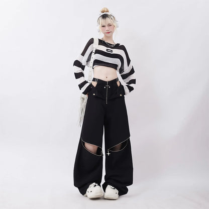 Hollow Out Zipper Design Pants Black Cargo Sweatpants Women Y2k Fashion Baggy High Waist Wide Leg Sport Pants Causal Trousers