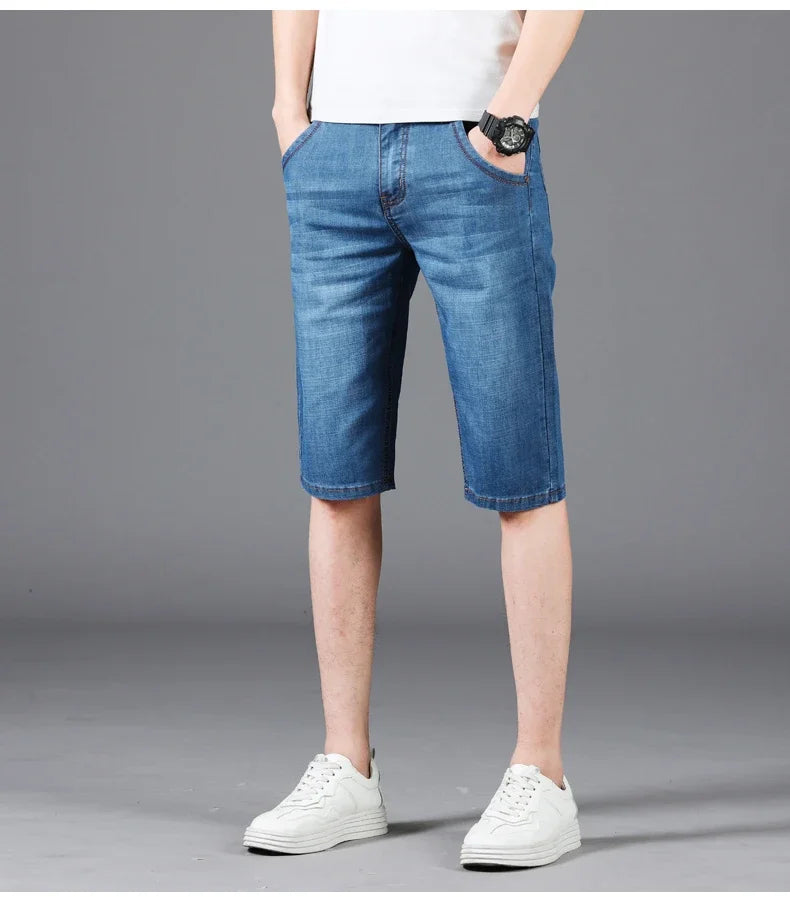 Men's Denim Shorts - Casual Summer Knee Length Multi-Pocket Elastic Waist