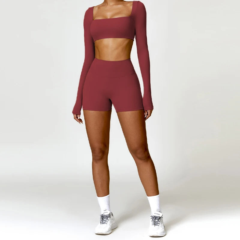 Women Yoga Suit - Quick Dry Gym Tracksuit With Long Sleeve Top & High Waist Leggings