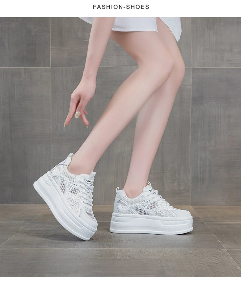 Womens White Mesh Platform Sneakers Breathable Thick Sole Casual Shoes With Flower Embroidery Lightweight Non Slip For Summer Da