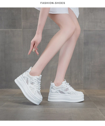 Womens White Mesh Platform Sneakers Breathable Thick Sole Casual Shoes With Flower Embroidery Lightweight Non Slip For Summer Da