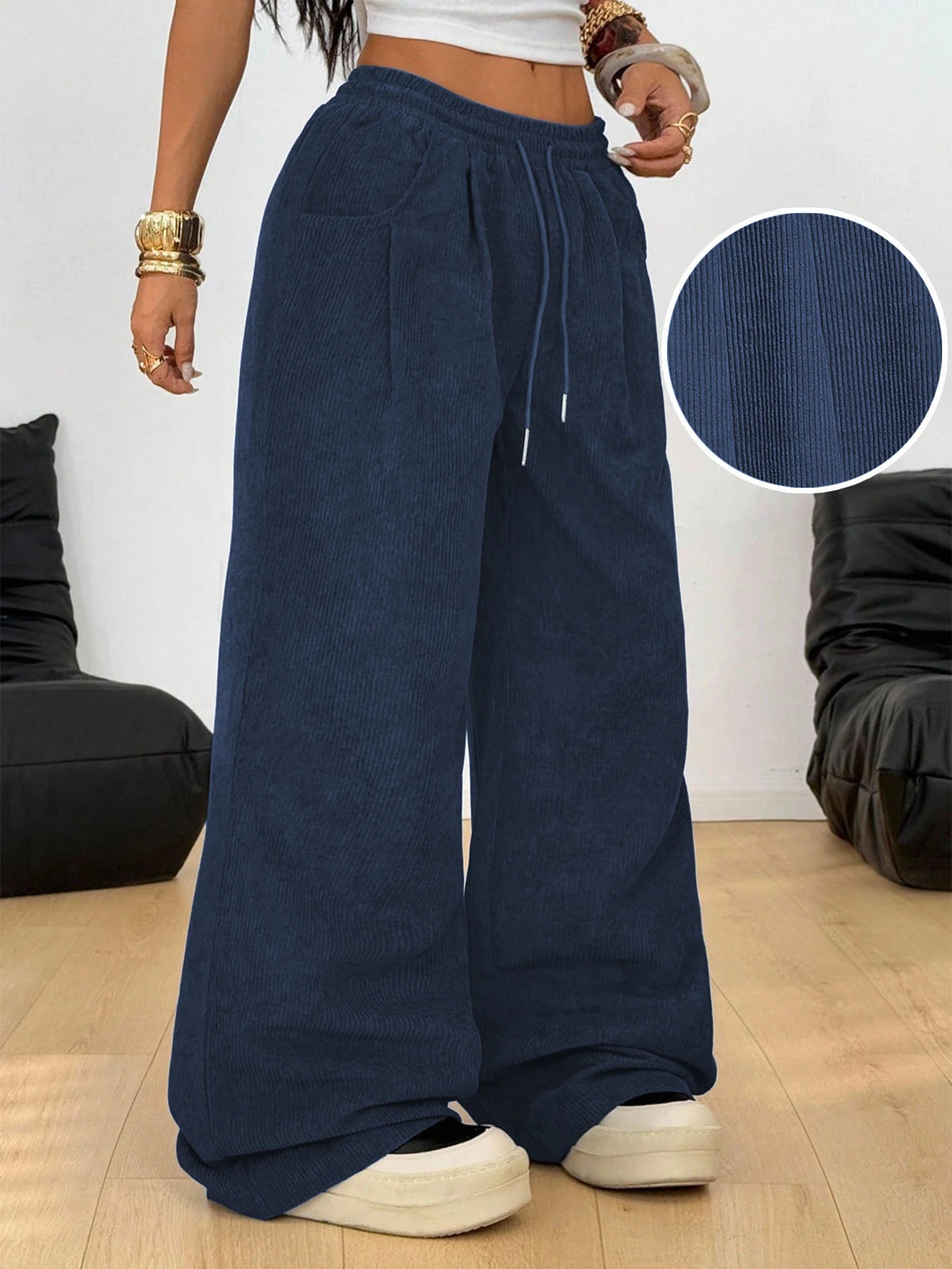 Women's Retro Corduroy Cargo Pants Casual Drawstring Straight Sports Pants Drape Daily Commuting Wide Leg Pants
