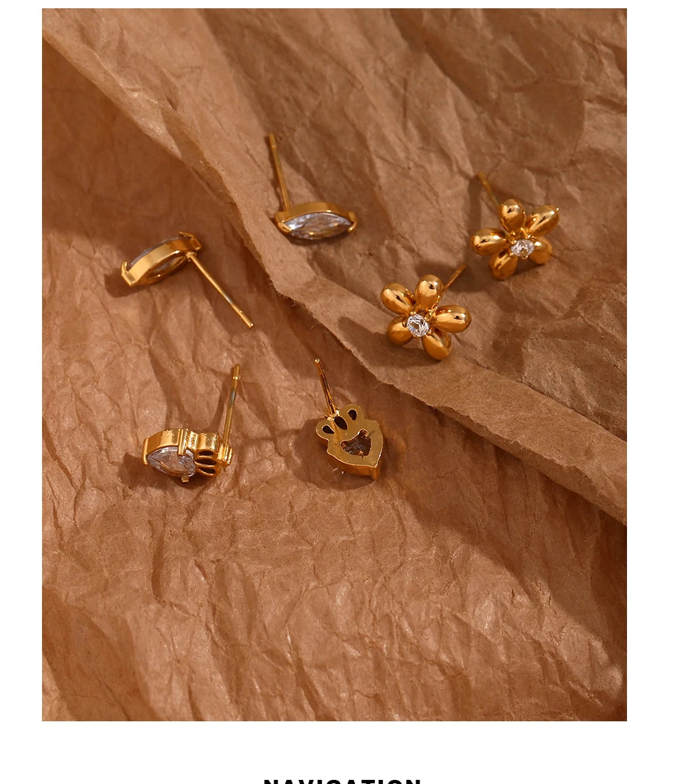 Mini Zircon Flower Crown Stud Earrings – 18K Gold-Plated Steel