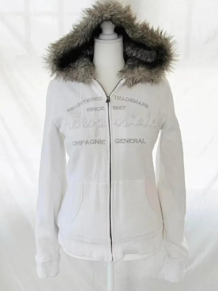 Vintage American Retro Solid Hooded Hoodie Women Winter Faux Fur Lined Zip Up Sweatshirt Cozy Fleece Pullover Streetwear Jacket