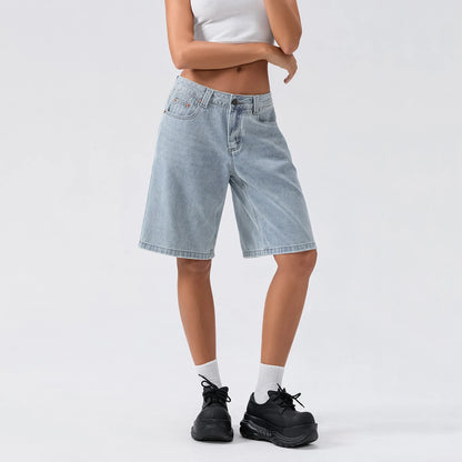 New Fashion Womens Knee Length Denim Shorts Loose Solid Color Low Rise Wide Leg Long Shorts With Pockets For Summer S-2XL
