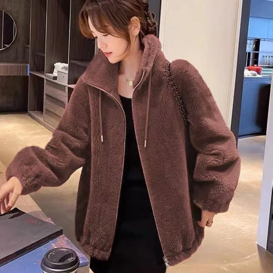 Women Winter Coat - Warm Double Coral Fleece Zipper Closure Jacket With Stand Collar