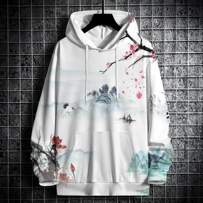 Autumn Hoodies For Men 3d Landscape Ink Print Street Designer Long Sleeved Loose Oversized Pullover Fall Fashion Men's Clothing