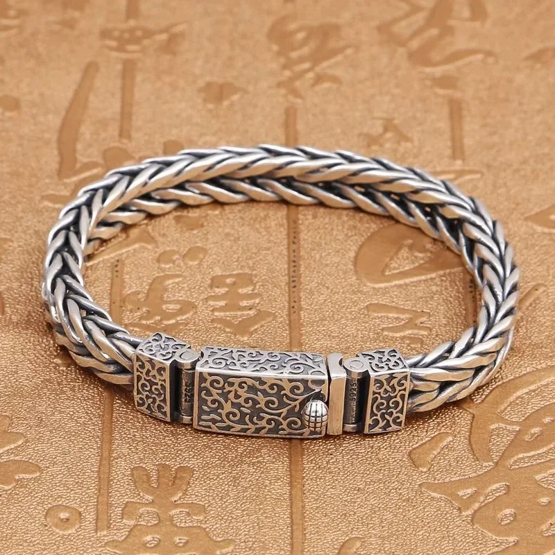 New Silver Color Chinese Trendy Men's Personalized Hand-woven Twist Buckle Bracelet Retro Ethnic Style Chain Jewelry Accessories