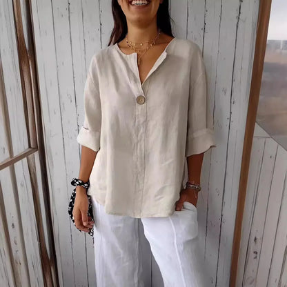 VEITCHE Spring Summer Women's Shirt Blouses Top V-neck Button Tee Shirts  3/4 Sleeve Casual Cotton Linen Top Loose Fit Pullover