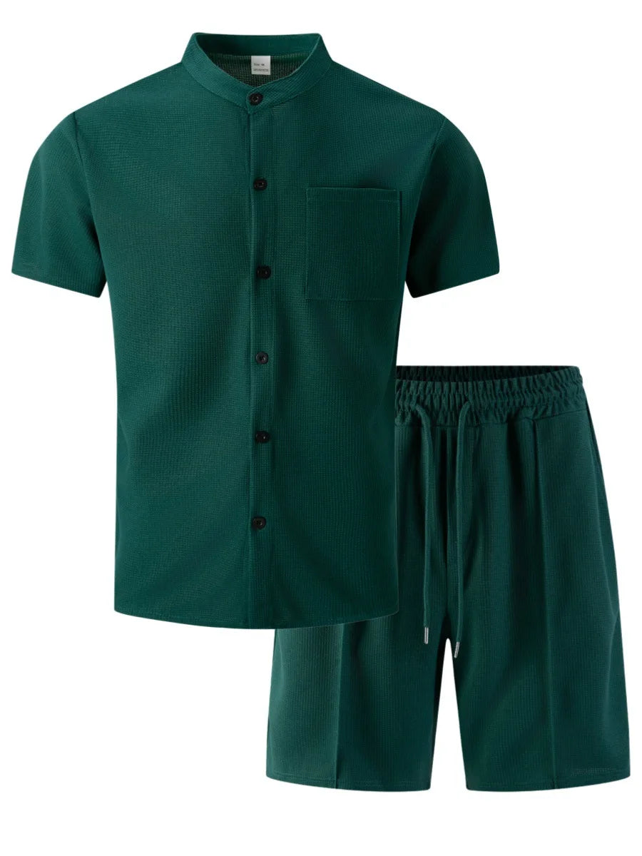 Men's new summer style waffle plain-color crew-neck t-shirt with pocket short-sleeved set with beach shorts men's casual suit