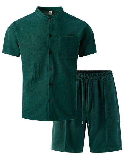 Men's new summer style waffle plain-color crew-neck t-shirt with pocket short-sleeved set with beach shorts men's casual suit