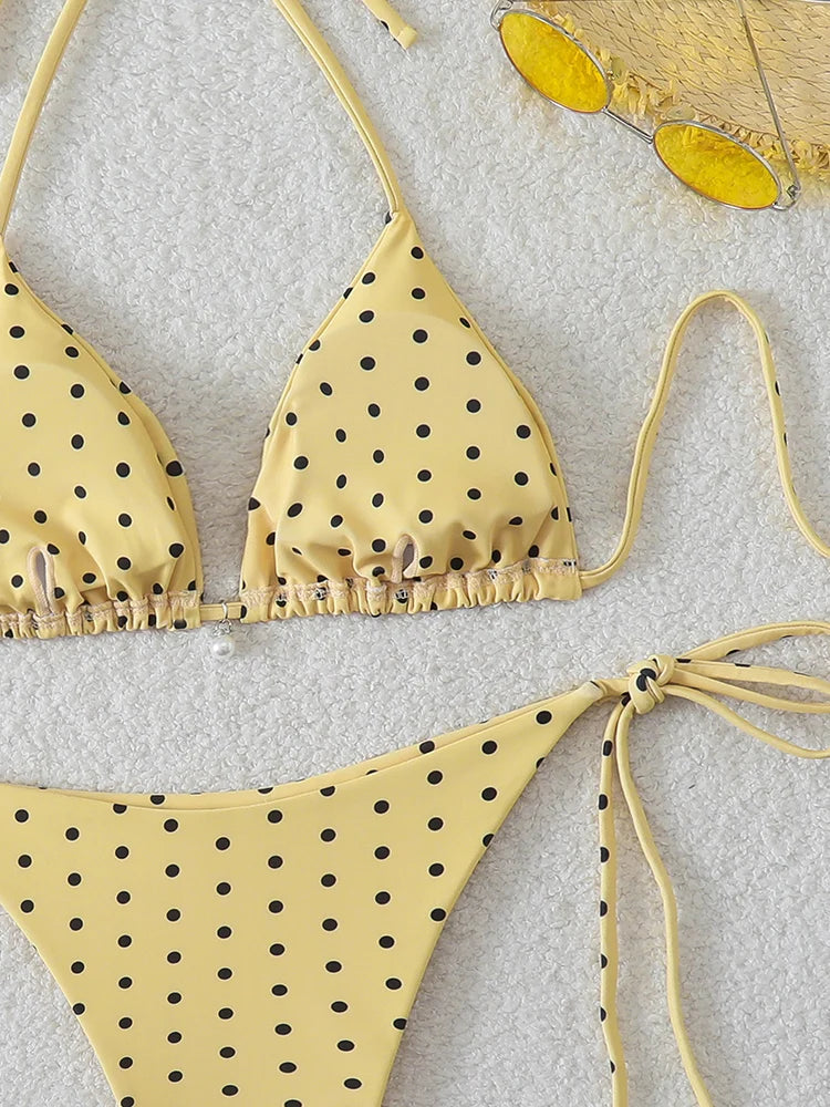 Micro Bikinis Set - Women's Swimwear Dot Print Halter Neck Lace Up Bikini