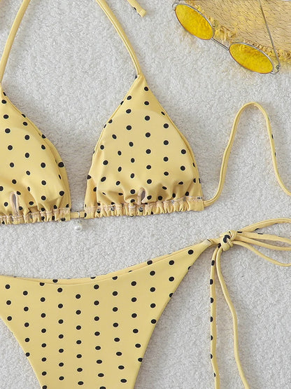 Micro Bikinis Set - Women's Swimwear Dot Print Halter Neck Lace Up Bikini