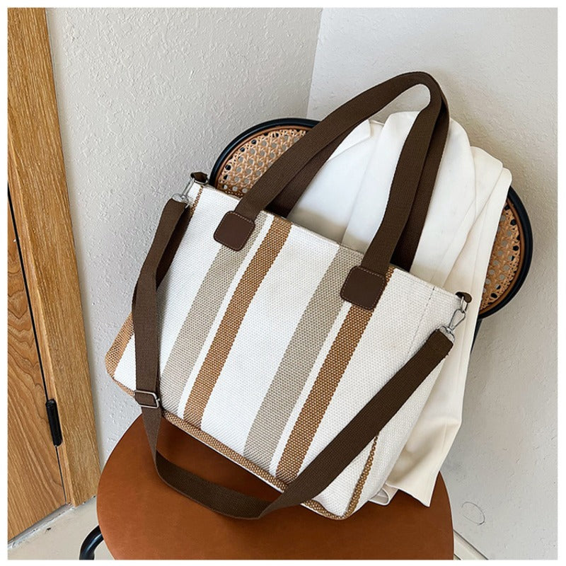 Striped Canvas Tote - Women's Crossbody Shoulder Bag With Zipper Closure, Versatile Daily Use