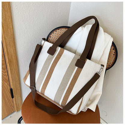 Striped Canvas Tote - Women's Crossbody Shoulder Bag With Zipper Closure, Versatile Daily Use