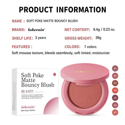 New Matte Blush Cream to Powder Cushiony Bouncy Texture Long Lasting Natural Flush Brightens Face Complexion Woman Makeup
