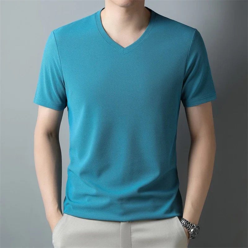 Men's V Neck T-Shirt – Lightweight Summer Shirt With Breathable Waffle Texture