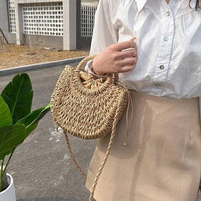 Straw Rattan Handbag – Large Capacity Half Moon Purse | Hollow Out Shoulder Bag
