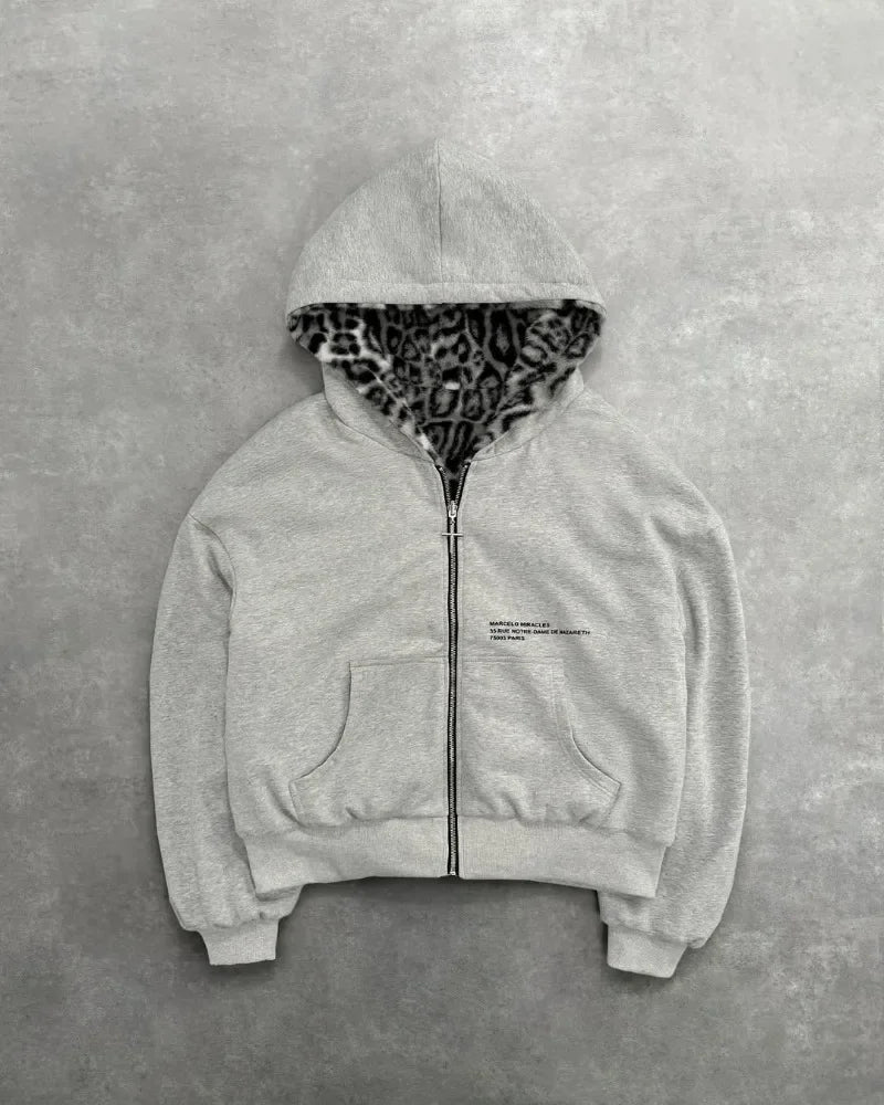 Hip-hop New Two-sided Clothing Harajuku Retro Leopard Print Fashionable Loose Zipper Hoodie Men Street Casual Sweatshirt Women