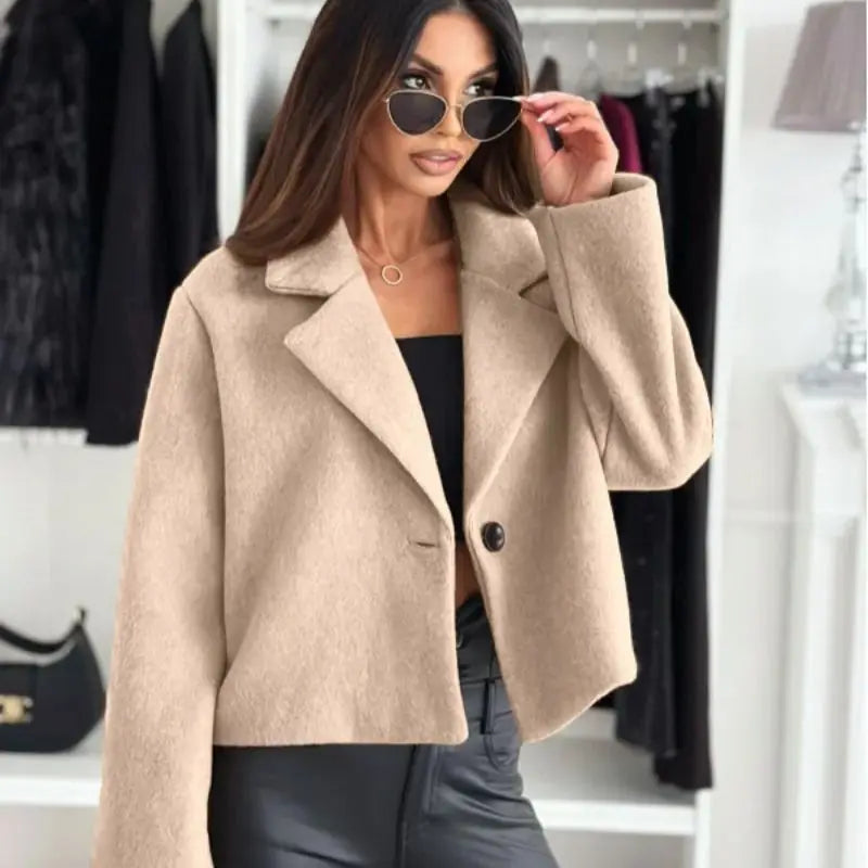 Cropped Trench Coat - Women's Wool Coat With Single Button Closure, Autumn Winter Outerwear