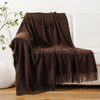 Caramel Knit Throw Blanket - Lightweight Plaid Blanket for Couch and Bed