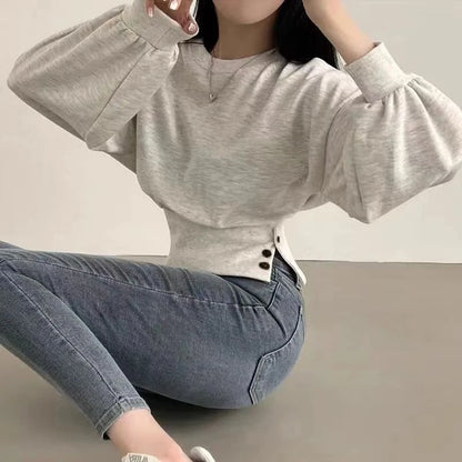 Autumn Women Solid O-Neck Slim Crop Top Lantern Sleeve With Button  Sweat Casual Hip-Hop Sporty Pullover Sweet Chic Street Wear