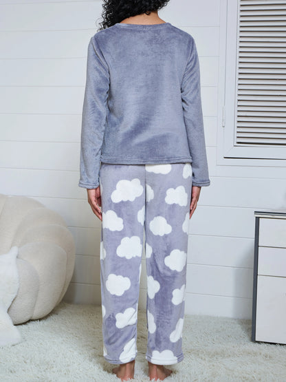 New fall/winter flannel long-sleeved pants and jacket warm set with cloud pattern pajama set soft and comfortable home wear