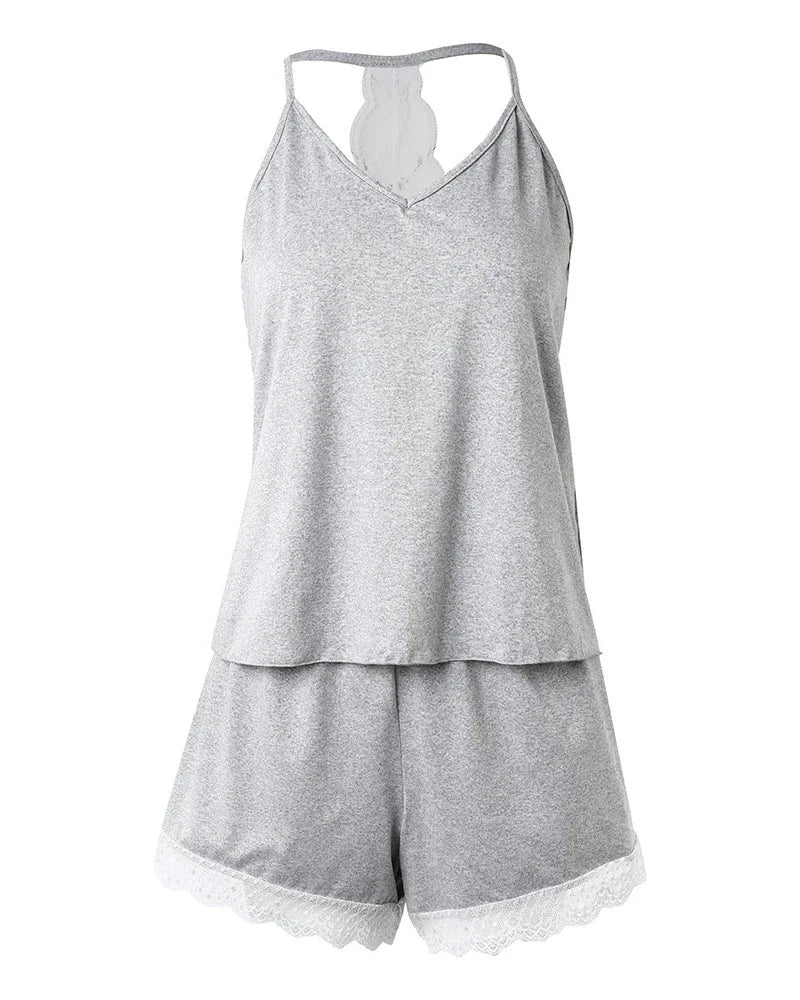 Womens Crochet Lace Pajama Set - Sleeveless V-Neck Casual Sleepwear - ZOOMNSTORE