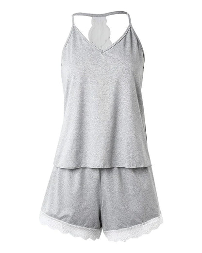 Womens Crochet Lace Pajama Set - Sleeveless V-Neck Casual Sleepwear - ZOOMNSTORE