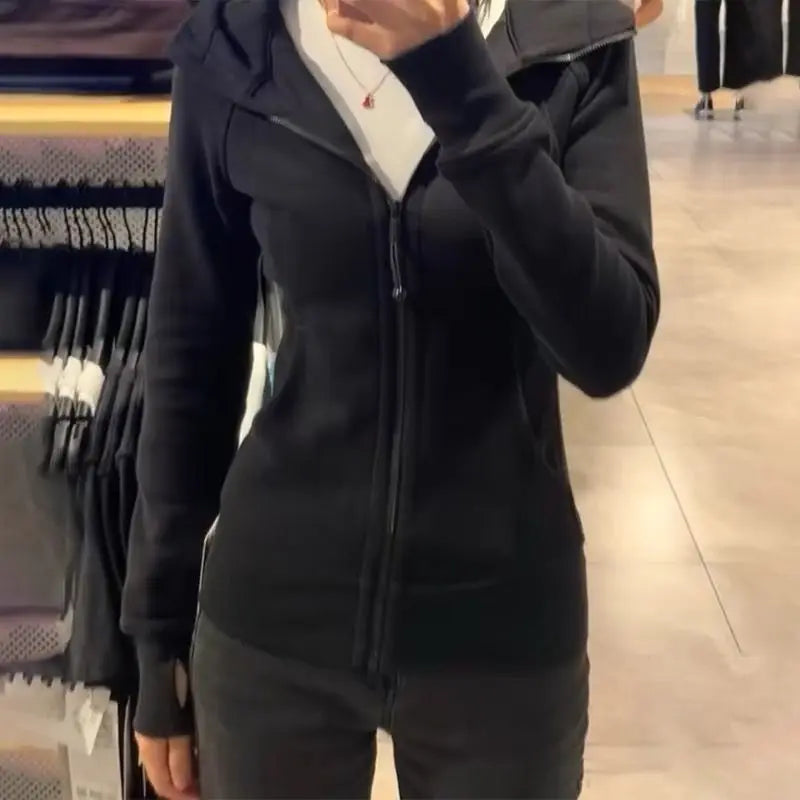 Streetwear Black Hoodie Coat 2025 Women's Clothing Hooded Zipper Slim Fit Y2k Jackets Casual Fashion Sweatshirts Tops Ropa Mujer